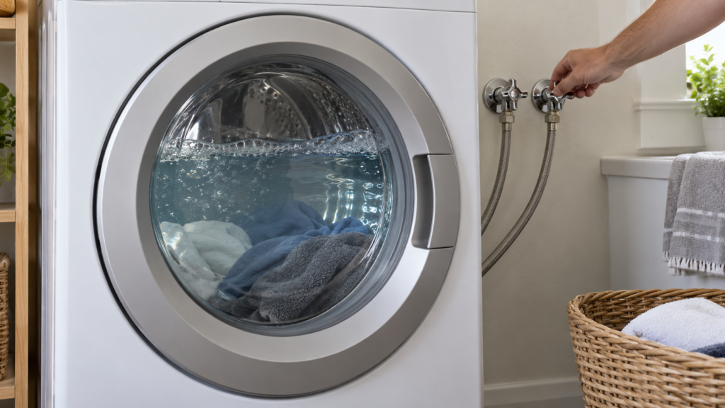 A front-load washing machine mid-fill with the water in the drum sitting well above the middle of the glass door, a bare hand closing one of two chrome supply taps on the wall behind the machine, even light in an American laundry room.