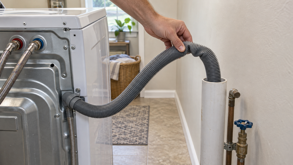 The back of a washer with its drain hose kinked at the top of the bend where it enters a standpipe.