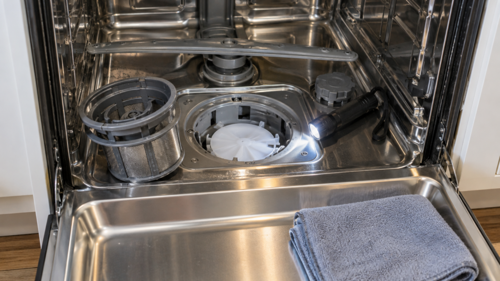 The bottom of an open built-in dishwasher tub with the filter lifted out and the white circular pump cover in the sump, a small flashlight beam lighting the opening, a folded towel on the door.