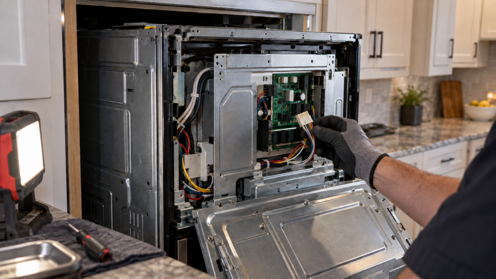 A built-in wall oven slid partway out of its cabinet opening with the rear panel open and a technician's gloved hand holding a flat wire connector near a small circuit board, work light from the left, American kitchen cabinetry around it.