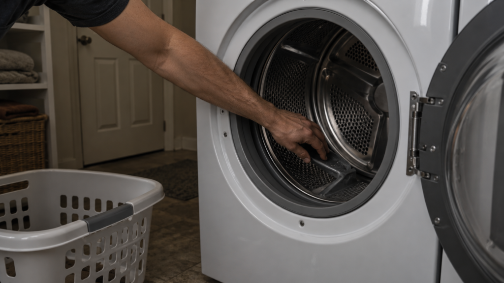 A bare forearm reaching into the empty drum of a front-load clothes dryer with the door open to turn it by hand, a plastic laundry basket on the floor and dim laundry room light in an American home.