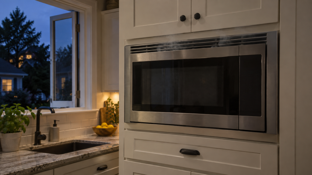 A closed built-in microwave with a faint haze of smoke seeping from its upper vent slots and an open window beside it.