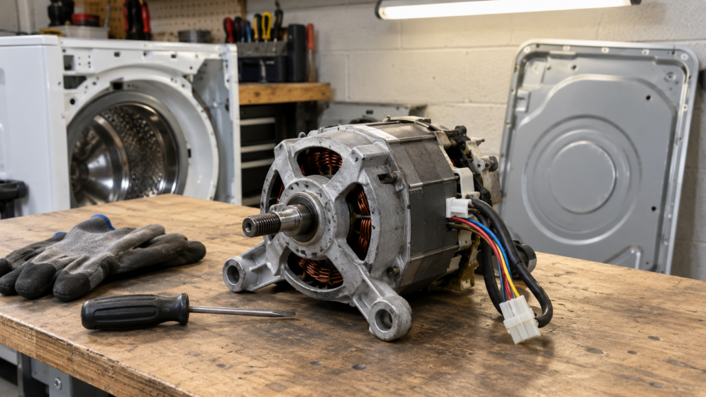 A front-load washer drive motor lifted out and resting on a workbench beside a small screwdriver and a pair of work gloves, the rear panel of the washer leaning against the wall behind it, overhead garage light.
