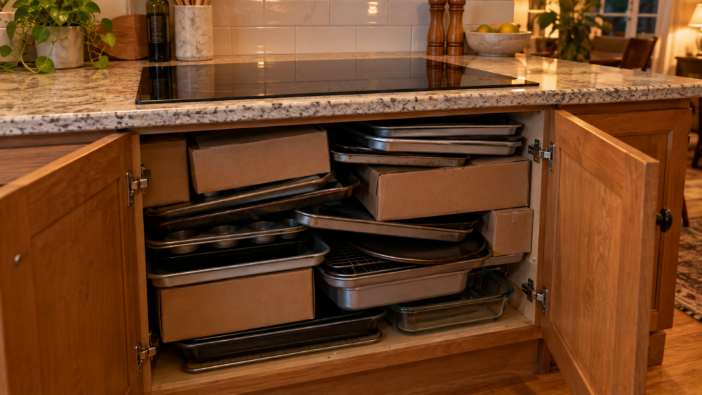 The open cabinet directly under a built-in cooktop stuffed with baking trays and cardboard boxes pressed against the underside of the cooktop, the glass top visible above the cabinet doors, warm evening kitchen light in an American home.