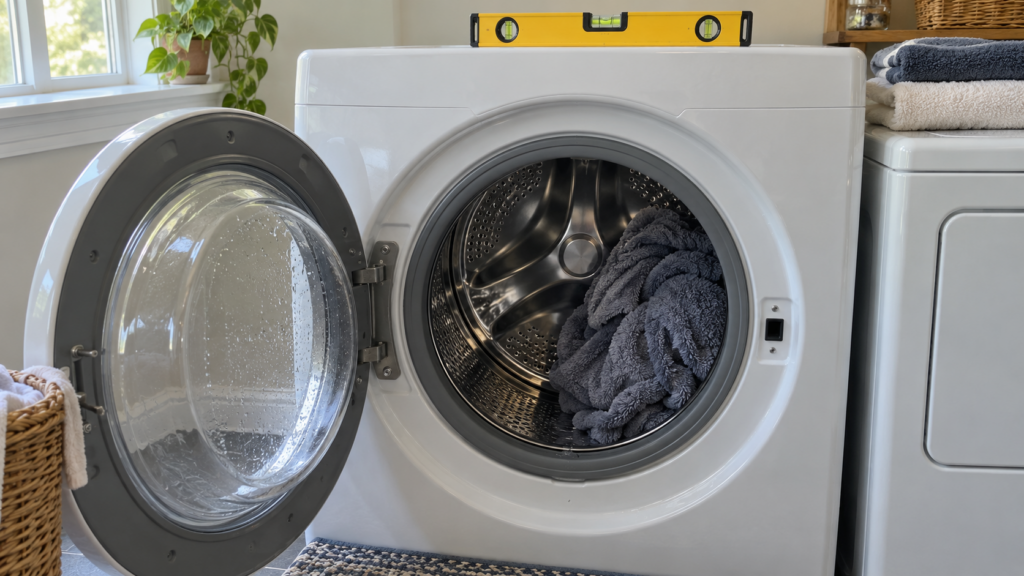 The open door of a front-load washing machine showing a single tight bundle of wet towels bunched against one side of the drum, a bubble level lying on top of the machine, American laundry room.